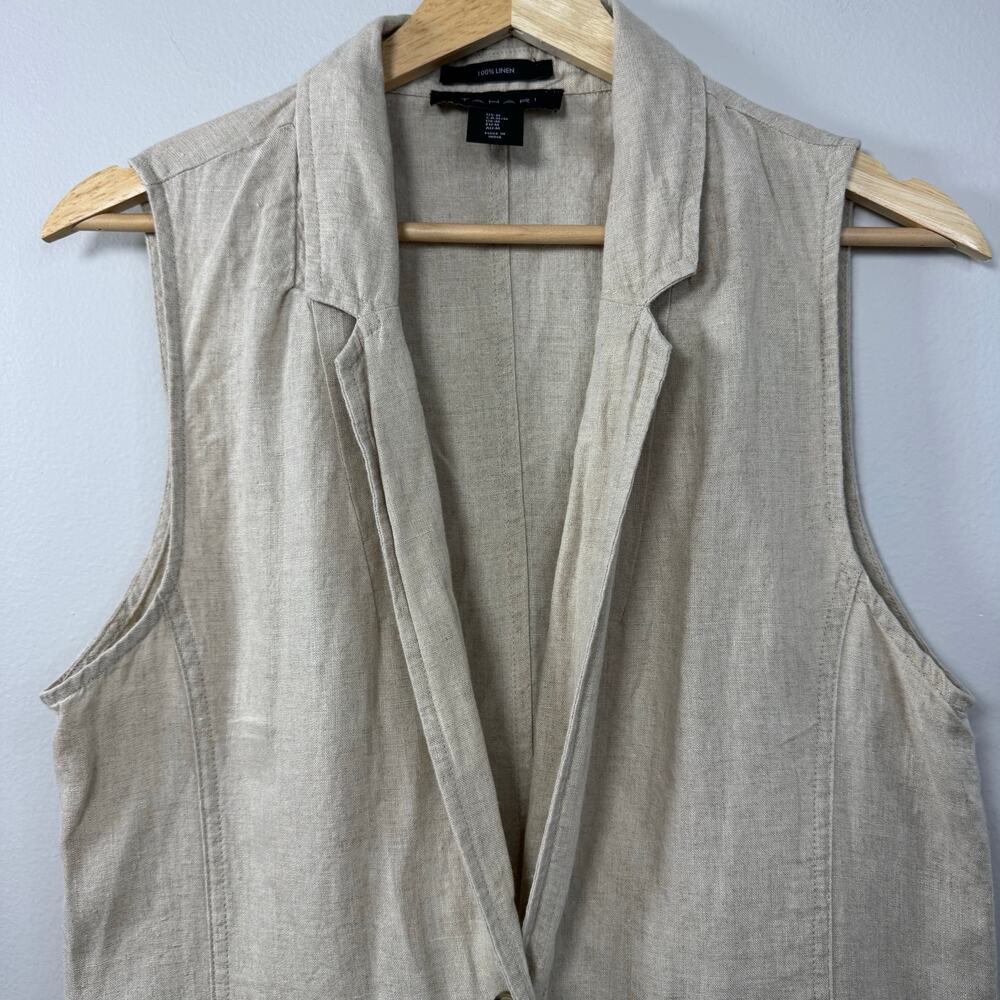 Tahari 100% Linen Vest Longline Single Button Beige Size Medium Sleeveless - Picture 3 of 8